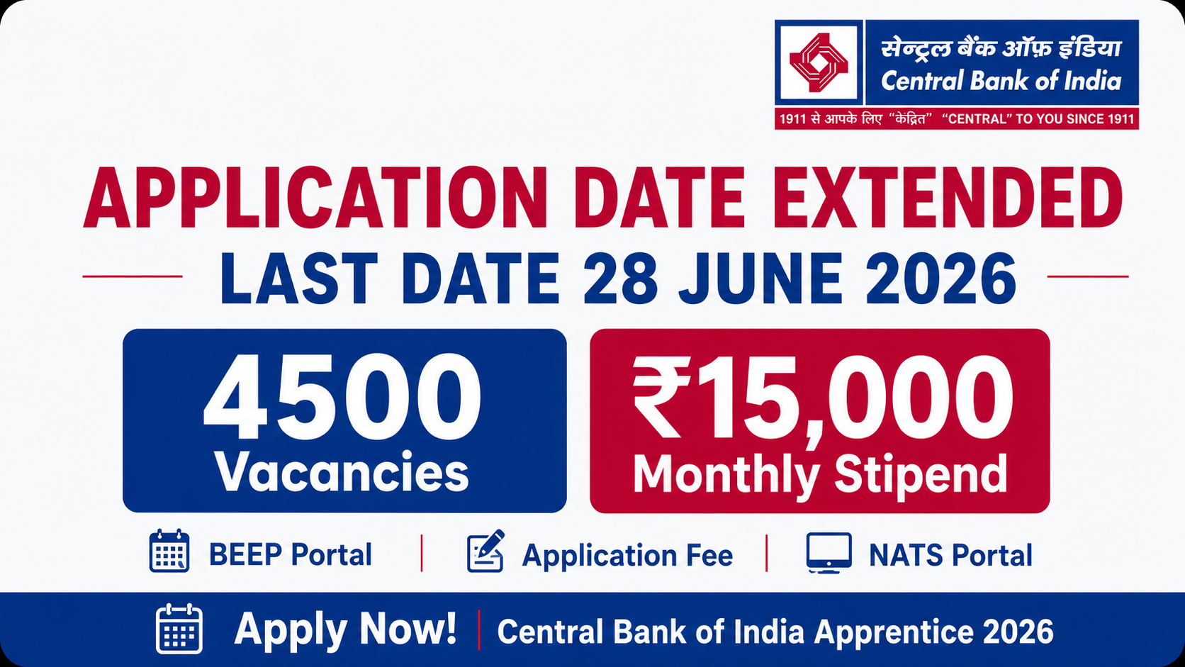 Central Bank of India Apprentice Recruitment 2026: Application Deadline Extended to June 28