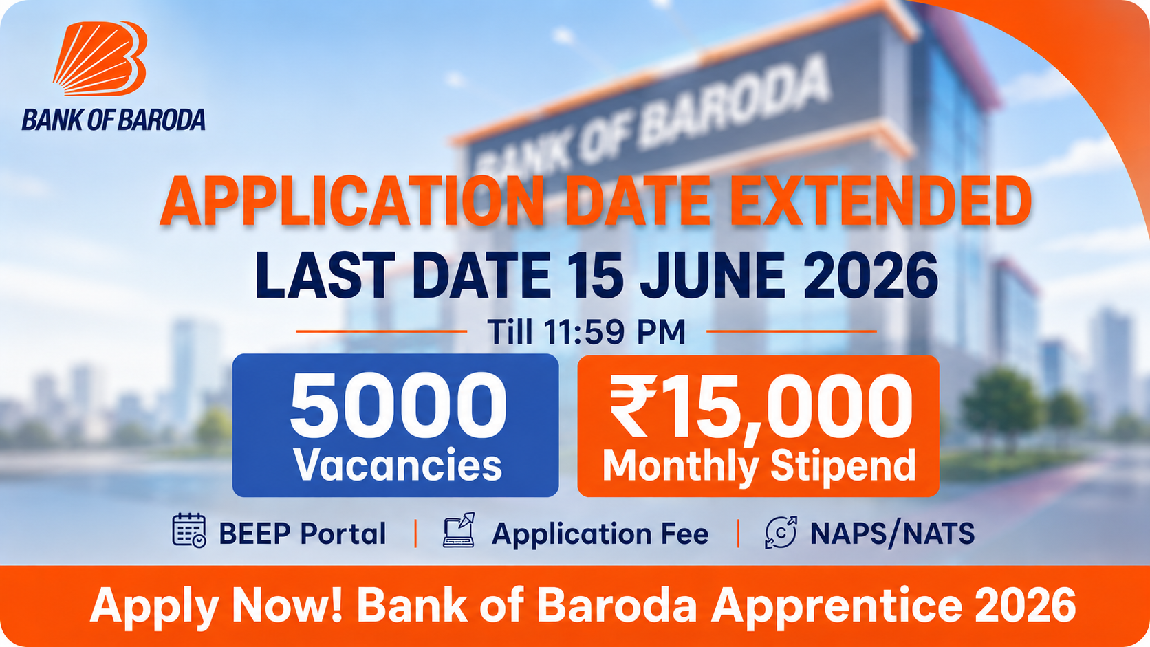 Bank of Baroda Apprentice Recruitment 2026: Last Date Extended to 15 June 2026 – Grab Your Chance with 5000 Vacancies and ₹15,000 Monthly Stipend!